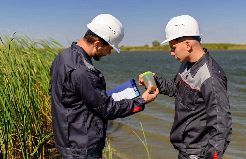 Two ecological consultants reviewing samples as part of a river condition assessment