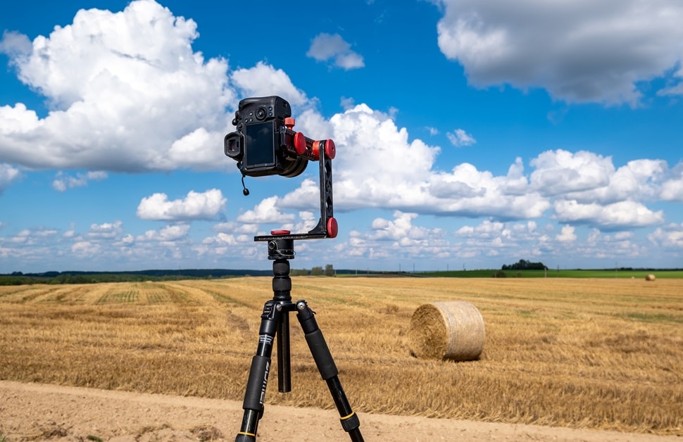 A camera set up for recording data on a field for a landscape survey