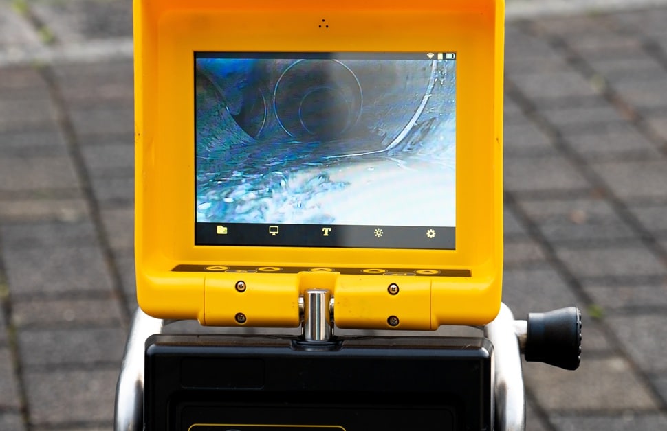 The screen of a CCTV drainage survey device during an investigation of a drain