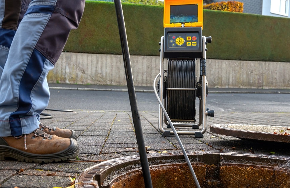 A drainage consultant undertaking a CCTV drainage survey on a drain