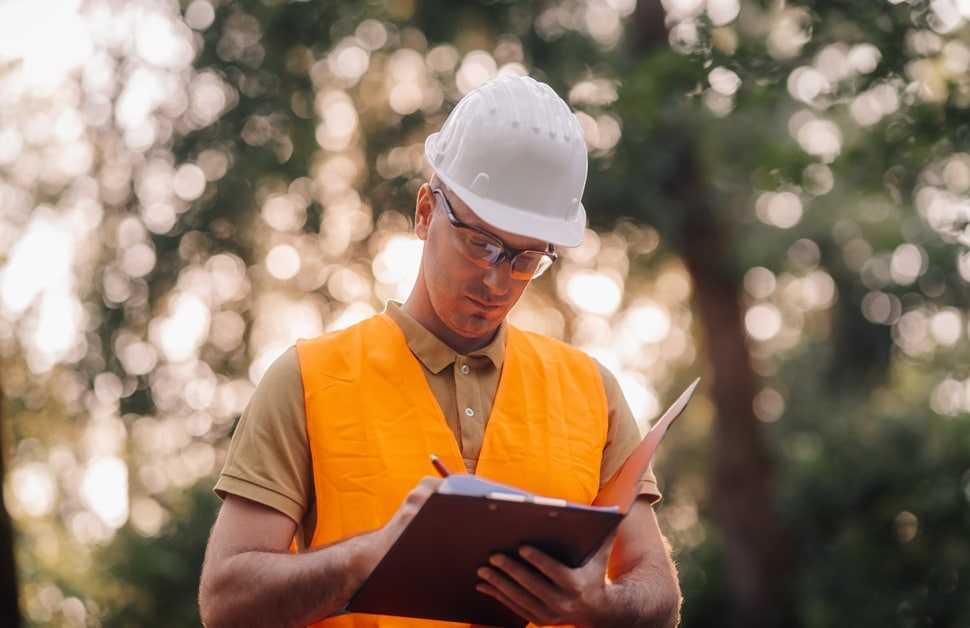 A tree consultant taking notes as he prepares to write a tree report