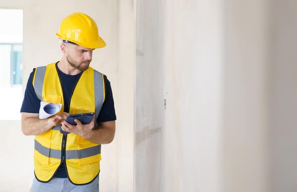 A building surveyor making checks inside a house as part of a condition report