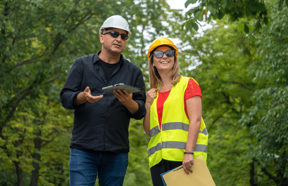 A developer and an ecological consultant discussing the results of an ecology survey