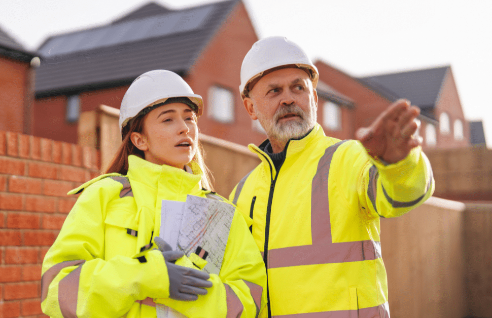 Two consultants undertaking an ecology survey on a new development site