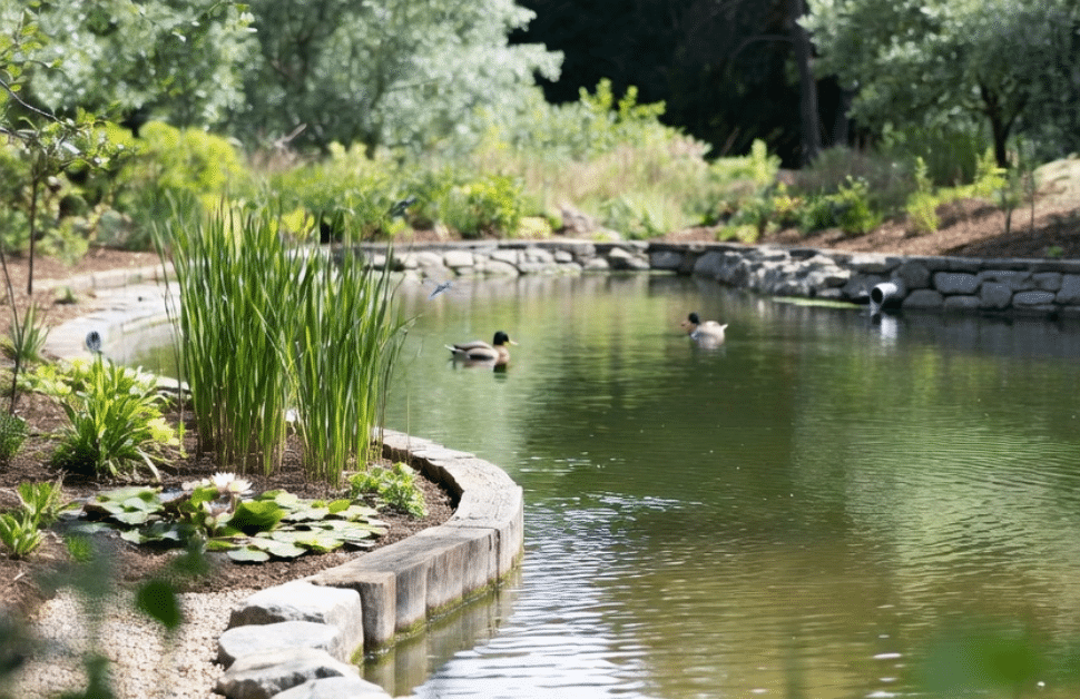 Ducks swimming across a wildlife pond in England
