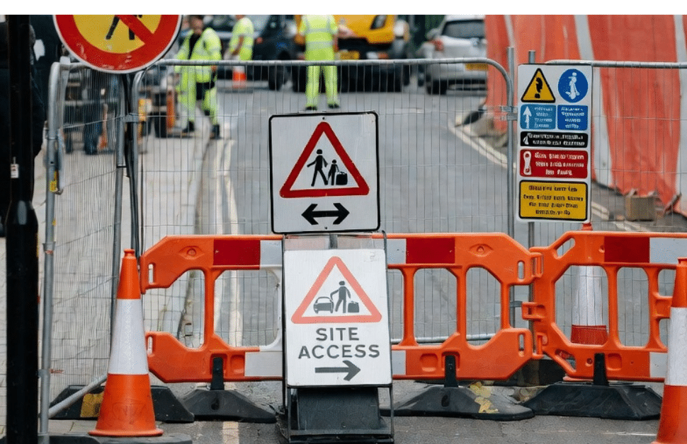 A road safely redirected for vehicles and pedestrians using a construction traffic management plan (CTMP)