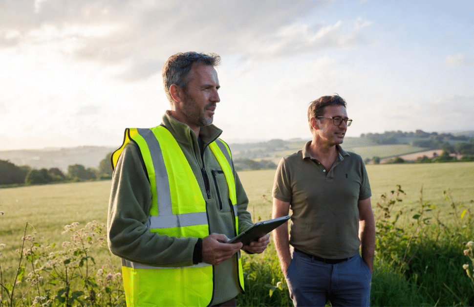 An ecological consultant and a developer discussing on-site and off-site biodiversity net gain options