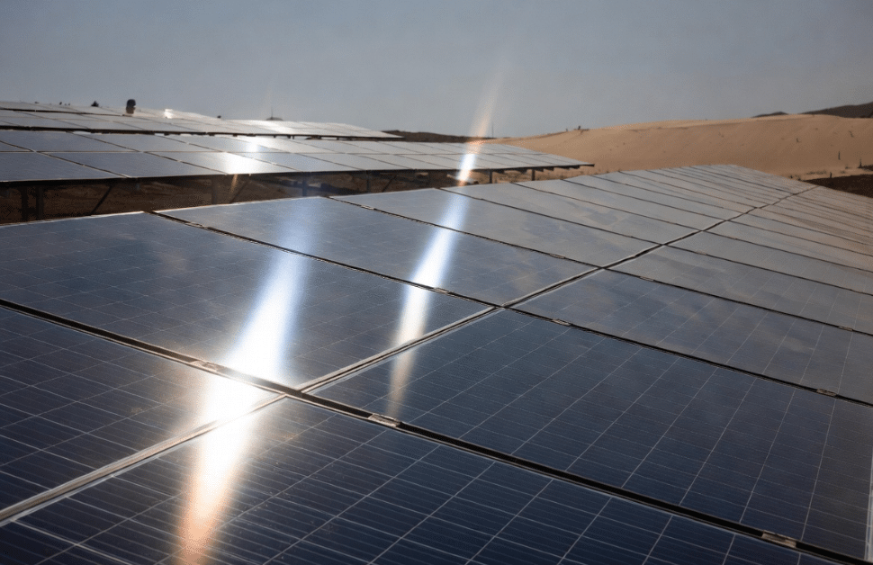 solar panels with the sun causing glint and glare on the panels