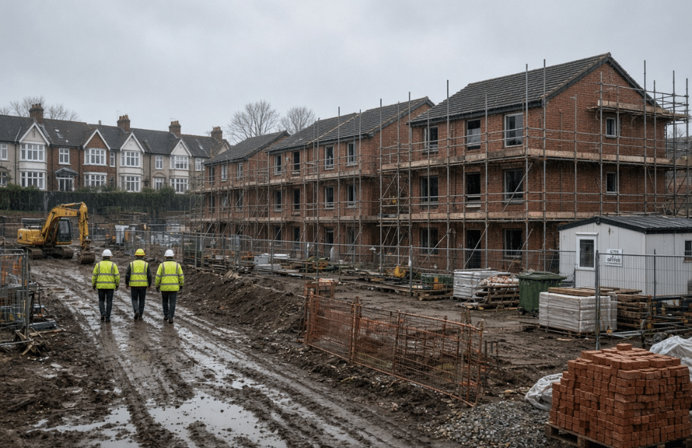 A rainy development site for a housing estate, with workers integrating a section 106 agreement