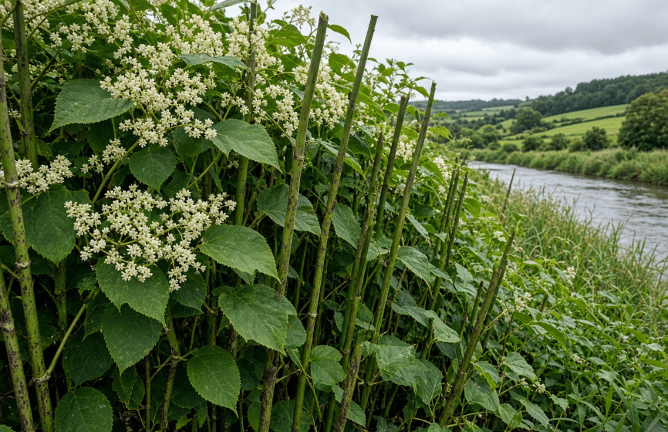 Japanese knotweed sat on the side of a river in England
