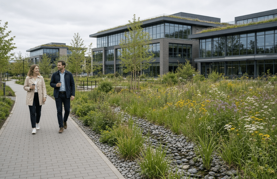 A woman and a man walking across a commercial development site, created based on the requirements of biodiversity net gain