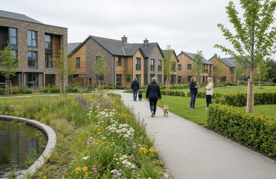A selection of different residents walking around on a residential development site with sustainable features