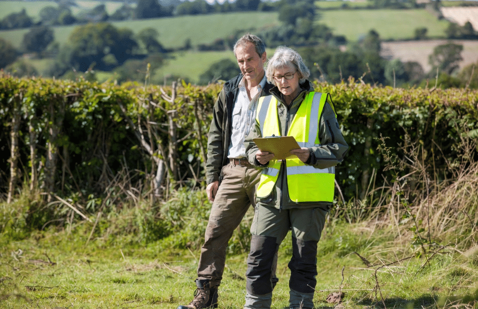 A developer and an ecological consultant discussing the influence of the natural environment and rural communities act 2006 in their plans
