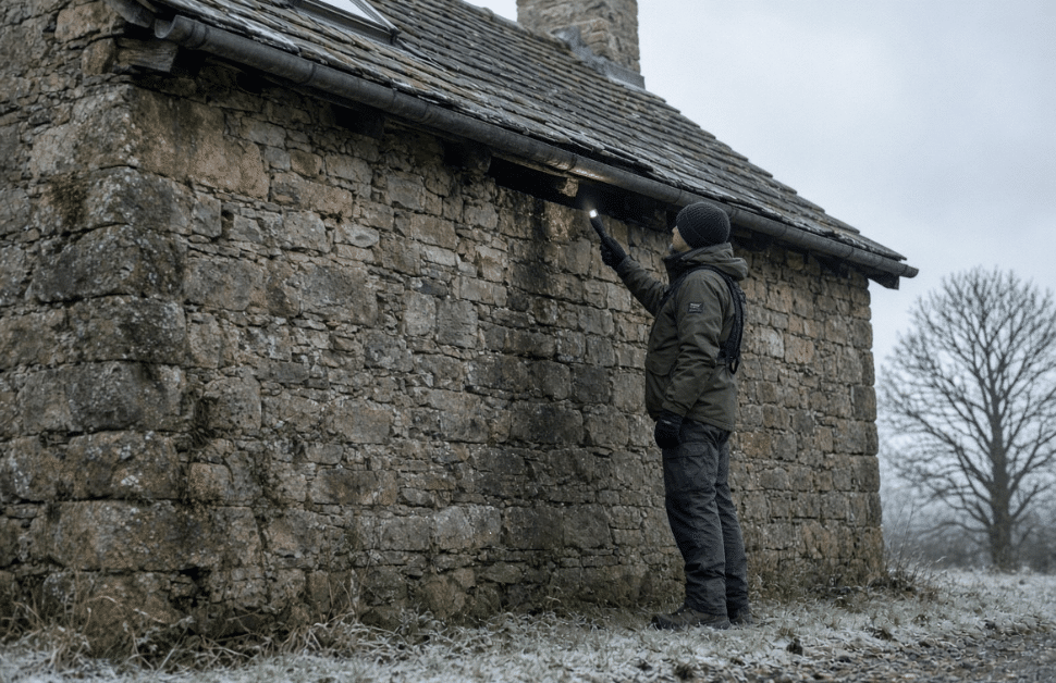 An ecological consultant conducting a bat hibernation survey on an old building