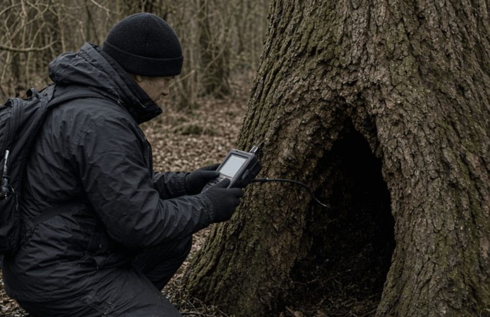 An ecological consultant undertaking bat hibernation surveys of an old tree